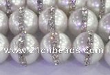 CSB1503 15.5 inches 12mm round shell pearl with rhinestone beads