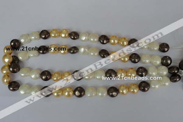 CSB185 15.5 inches 12mm flat round mixed color shell pearl beads