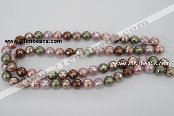 CSB502 15.5 inches 12mm faceted round mixed color shell pearl beads