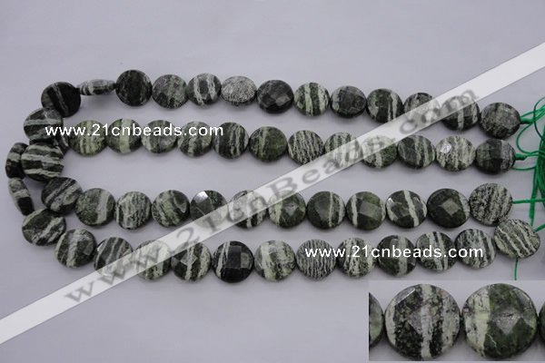 CSJ120 15.5 inches 15mm faceted coin green silver line jasper beads