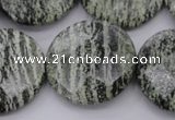 CSJ123 15.5 inches 30mm faceted coin green silver line jasper beads