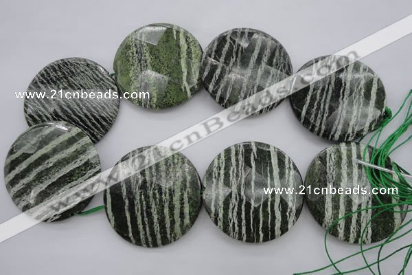 CSJ126 15.5 inches 50mm faceted coin green silver line jasper beads