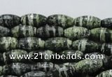 CSJ18 15.5 inches 8*15mm rice green silver line jasper beads