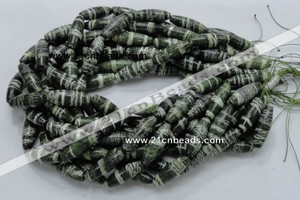 CSJ19 15.5 inches 10*30mm rice green silver line jasper beads