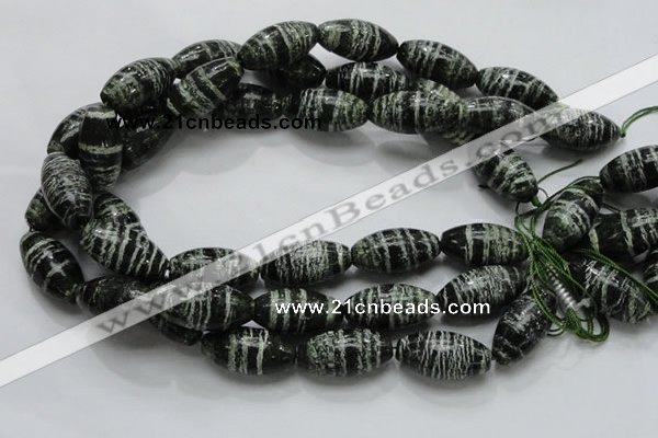 CSJ20 15.5 inches 15*30mm rice green silver line jasper beads