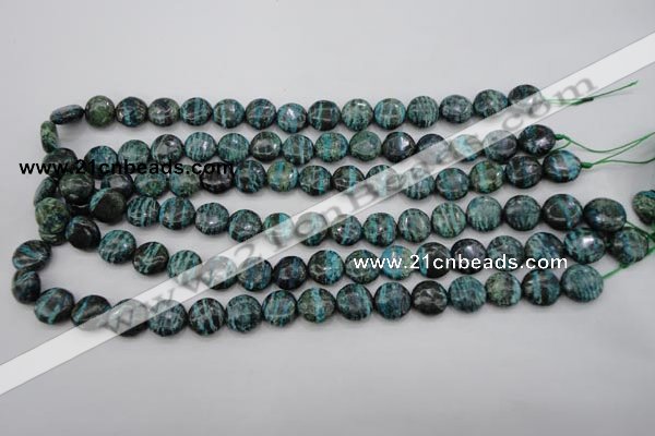 CSJ215 15.5 inches 12mm flat round dyed green silver line jasper beads