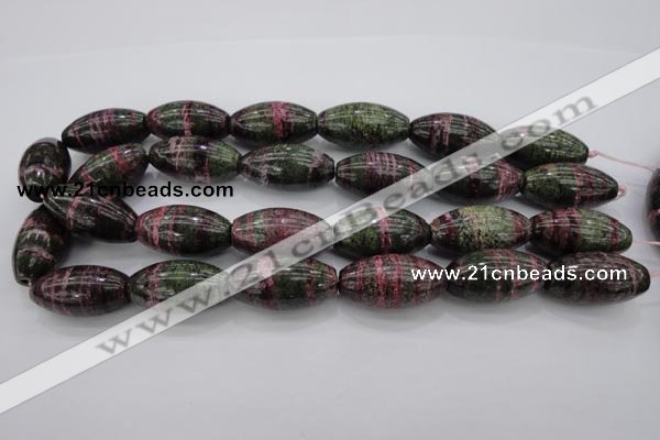 CSJ274 15.5 inches 15*30mm rice dyed green silver line jasper beads