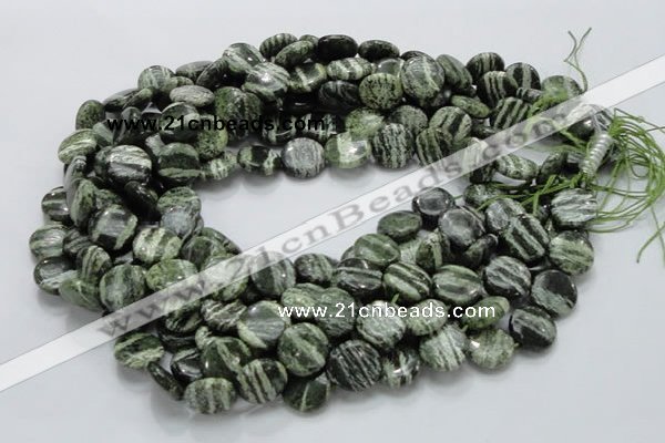 CSJ43 15.5 inches 15mm flat round green silver line jasper beads