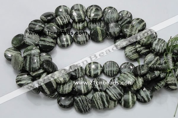CSJ44 15.5 inches 20mm flat round green silver line jasper beads