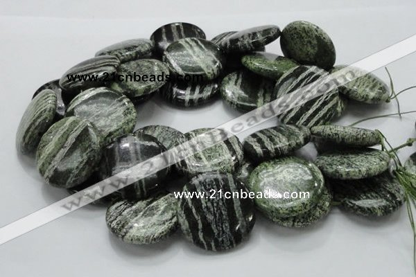 CSJ47 15.5 inches 35mm flat round green silver line jasper beads