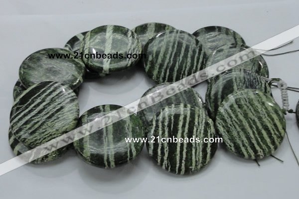 CSJ49 15.5 inches 50mm flat round green silver line jasper beads