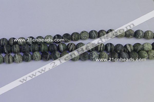 CSJ503 15.5 inches 10mm round matte green silver line jasper beads