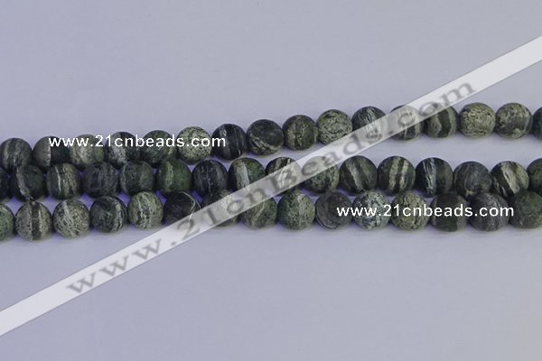 CSJ504 15.5 inches 12mm round matte green silver line jasper beads