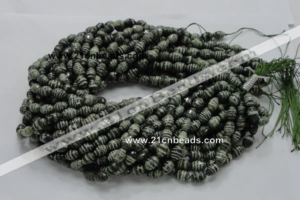 CSJ70 15.5 inches 7*11mm faceted rice green silver line jasper beads