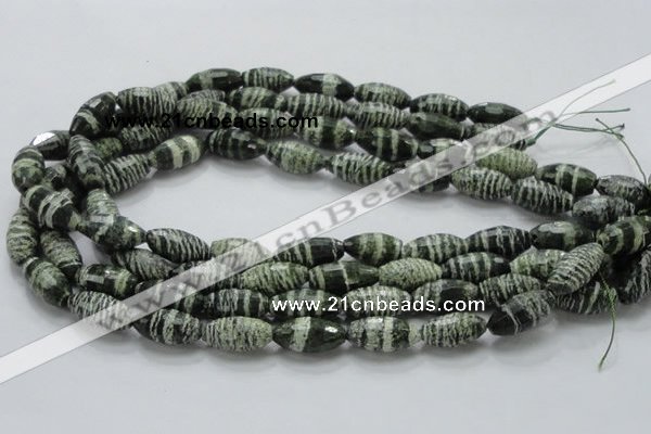 CSJ72 15.5 inches 10*20mm faceted rice green silver line jasper beads