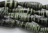 CSJ76 15.5 inches 10*30mm faceted teardrop green silver line jasper beads