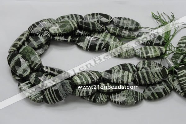 CSJ81 15.5 inches 20*40mm faceted oval green silver line jasper beads