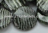 CSJ83 15.5 inches 25mm faceted flat round green silver line jasper beads