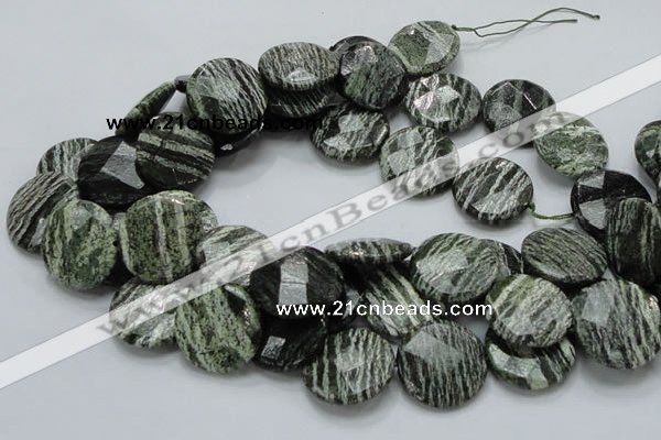 CSJ83 15.5 inches 25mm faceted flat round green silver line jasper beads