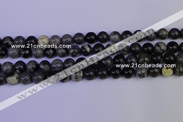 CSL215 15.5 inches 14mm round black silver leaf jasper beads