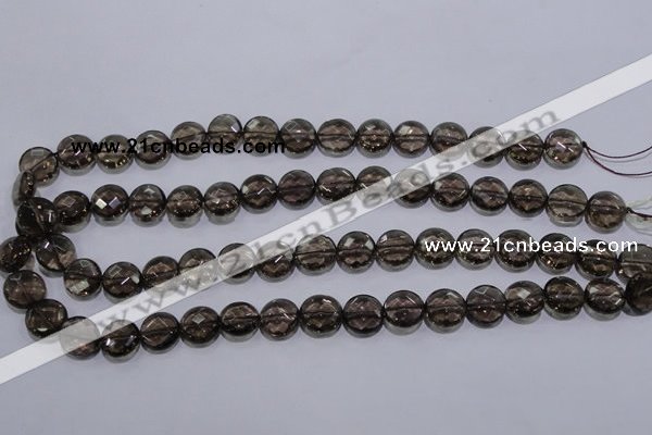 CSQ124 12mm faceted flat round grade AA natural smoky quartz beads
