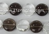 CSQ151 15.5 inches 15mm flat round white crystal & smoky quartz beads