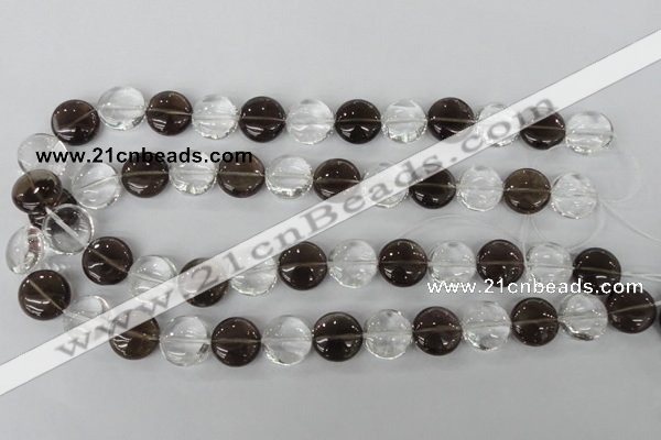 CSQ151 15.5 inches 15mm flat round white crystal & smoky quartz beads