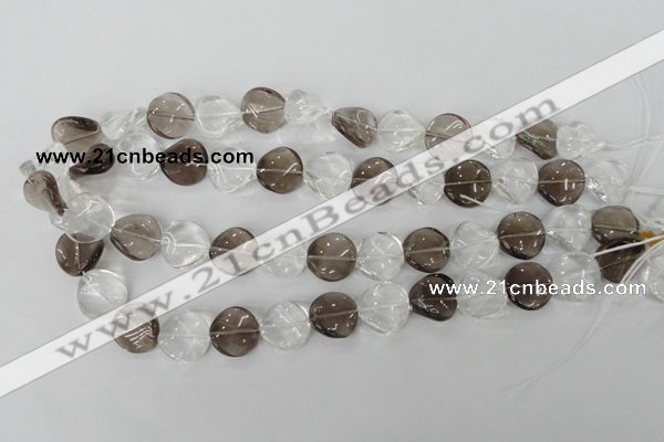 CSQ153 15.5 inches 16mm twisted coin white crystal & smoky quartz beads