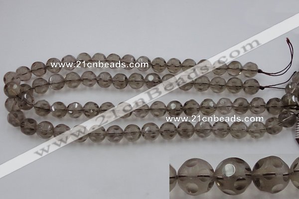 CSQ253 15.5 inches 12mm carved round matte smoky quartz beads