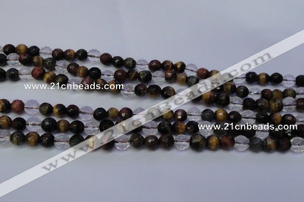 CTE1131 15 inches 6mm faceted round mixed tiger eye & white crystal beads