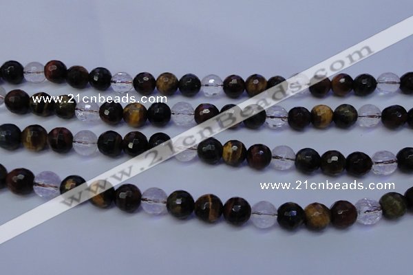 CTE1132 15 inches 8mm faceted round mixed tiger eye & white crystal beads