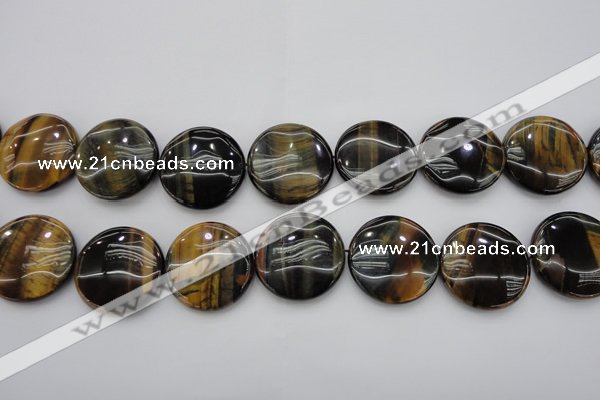 CTE1352 15.5 inches 30mm flat round yellow & blue tiger eye beads