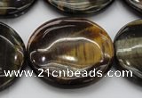 CTE1353 15.5 inches 35mm flat round yellow & blue tiger eye beads