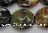 CTE1357 15.5 inches 25mm faceted coin yellow & blue tiger eye beads