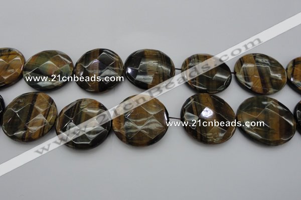 CTE1360 15.5 inches 40mm faceted coin yellow & blue tiger eye beads