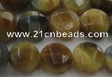 CTE1574 15.5 inches 12mm faceted coin golden & blue tiger eye beads