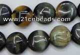 CTE563 15.5 inches 16mm flat round golden & blue tiger eye beads