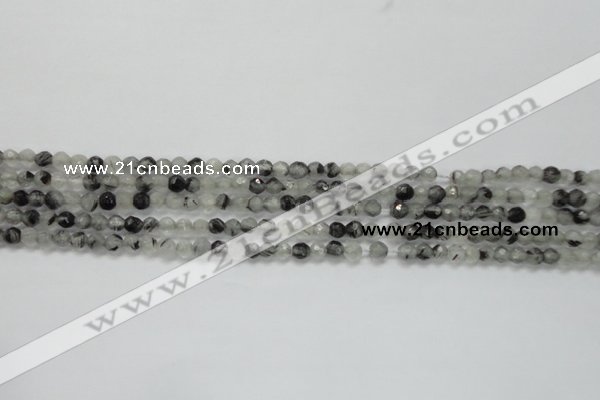 CTG208 15.5 inches 4mm faceted round tiny black rutilated quartz beads