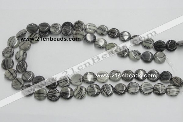 CTJ07 16 inches 14mm flat round black water jasper beads wholesale
