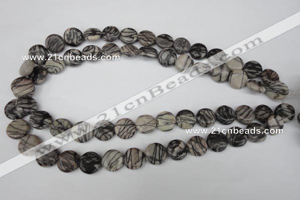 CTJ205 15.5 inches 13mm flat round black water jasper beads wholesale