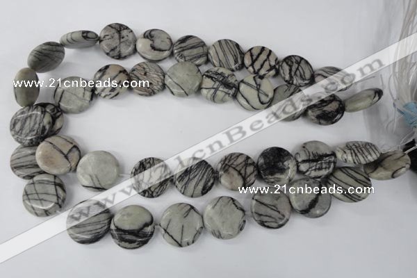 CTJ208 15.5 inches 20mm flat round black water jasper beads wholesale