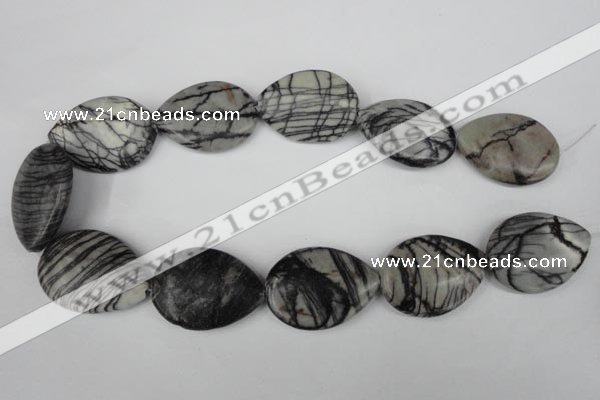 CTJ235 15.5 inches 26*35mm flat teardrop black water jasper beads