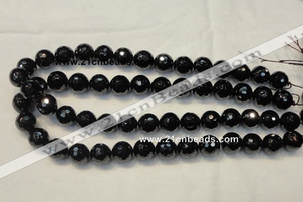 CTO111 15.5 inches 14mm faceted round natural black tourmaline beads