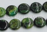 CTP08 15.5 inches 14mm flat round yellow green pine gemstone beads