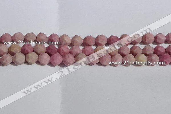 CWF33 12mm faceted nuggets matte pink wooden fossil jasper beads