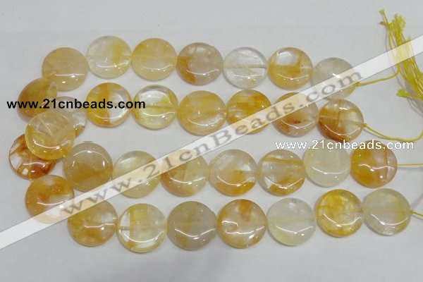 CYC07 15.5 inches 25mm flat round yellow crystal quartz beads