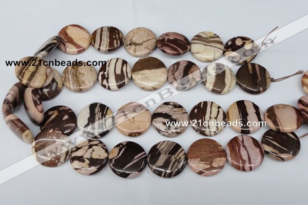 CZJ365 15.5 inches 25mm flat round zebra jasper beads wholesale