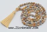 GMN1004 Hand-knotted 8mm, 10mm matte yellow crazy agate 108 beads mala necklaces with tassel