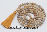 GMN1006 Hand-knotted 8mm, 10mm matte fossil coral 108 beads mala necklaces with tassel