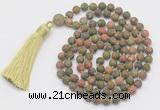 GMN1036 Hand-knotted 8mm, 10mm matte unakite 108 beads mala necklace with tassel